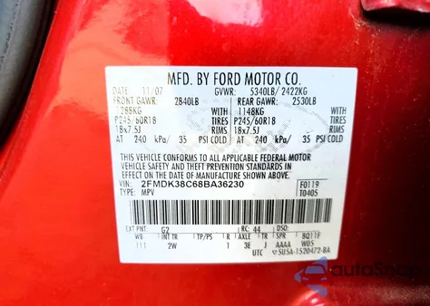 2008 Ford Edge Sel из США, поврежденный, VIN 2FMDK38C68BA36230